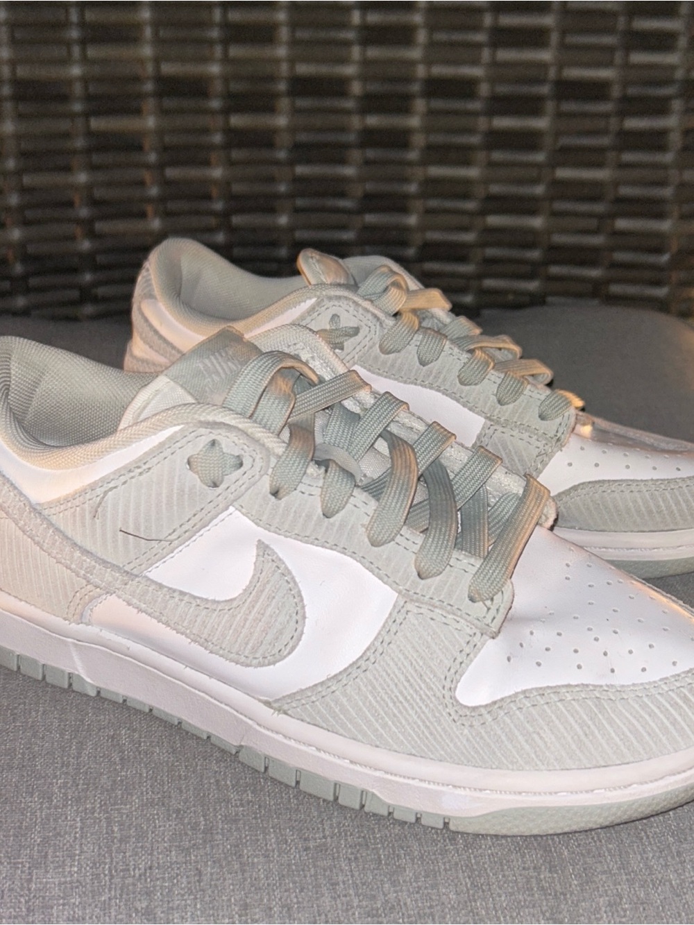 Nike Women’s Low-Top Corduroy Dunk Sneakers in White and Sage Green/Light Gray